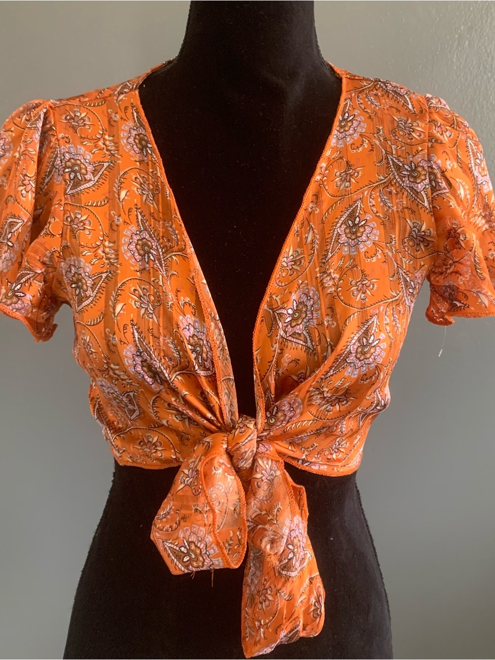 Free People Orange Floral Tie-Front Crop Blouse